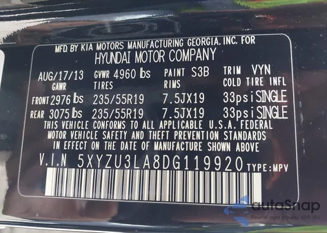 2013 Hyundai Santa Fe Sport 2.0T from USA, damaged, VIN 5XYZU3LA8DG119920